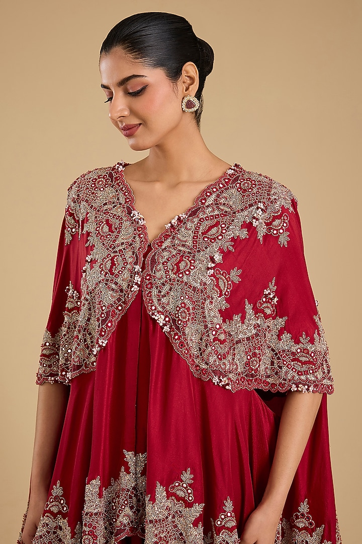 Red Dupion Silk Mirror Work Cape Set by Minaxi Dadoo at Pernia's Pop Up Shop