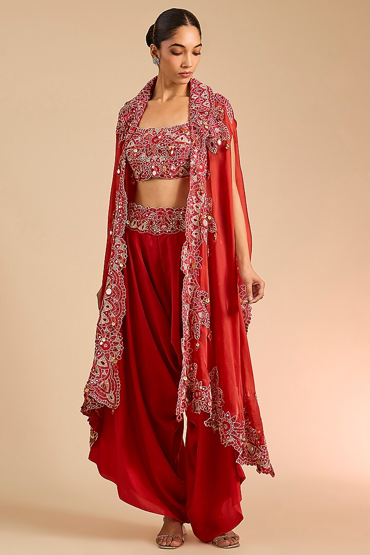 Rust Orange Silk Mirror Embroidered Butterfly Cape Set by Minaxi Dadoo at Pernia's Pop Up Shop