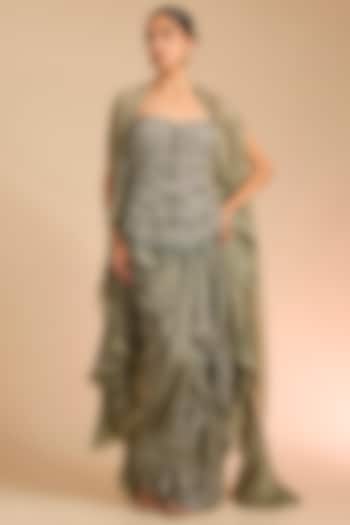 Olive Green Organza Embroidered Butterfly Cape Set by Minaxi Dadoo at Pernia's Pop Up Shop