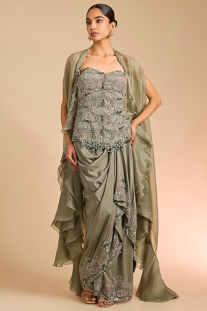Olive Green Organza Embroidered Butterfly Cape Set by Minaxi Dadoo at Pernia's Pop Up Shop