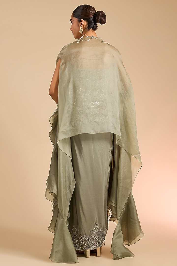 Olive Green Organza Embroidered Butterfly Cape Set by Minaxi Dadoo at Pernia's Pop Up Shop