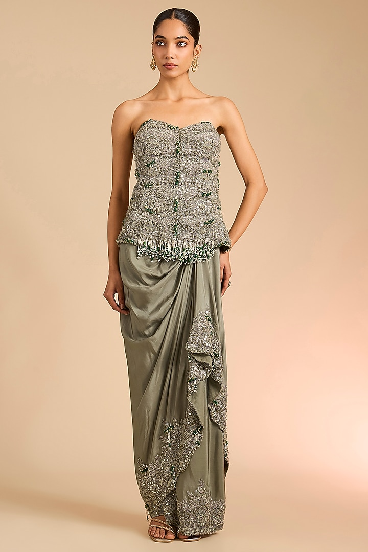 Olive Green Organza Embroidered Butterfly Cape Set by Minaxi Dadoo at Pernia's Pop Up Shop