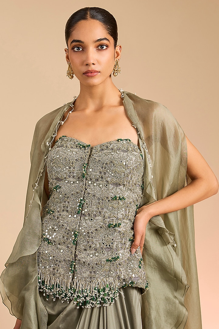 Olive Green Organza Embroidered Butterfly Cape Set by Minaxi Dadoo at Pernia's Pop Up Shop