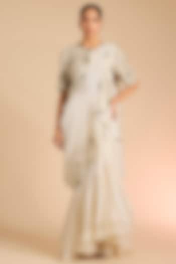 Ivory Silk & Organza Skirt Reception Saree Set by Minaxi Dadoo at Pernia's Pop Up Shop