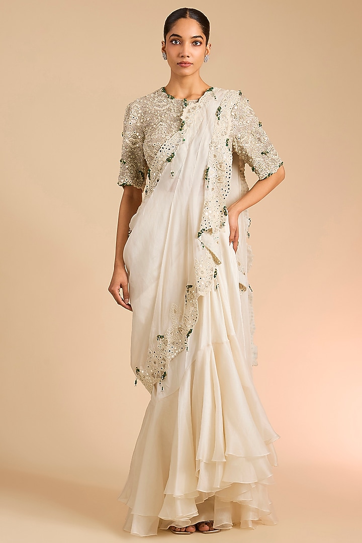 Ivory Silk & Organza Skirt Reception Saree Set by Minaxi Dadoo at Pernia's Pop Up Shop