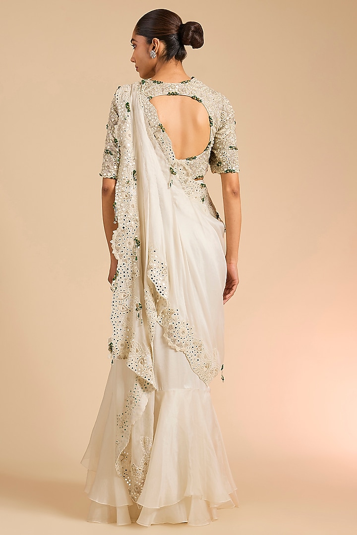 Ivory Silk & Organza Skirt Reception Saree Set by Minaxi Dadoo at Pernia's Pop Up Shop