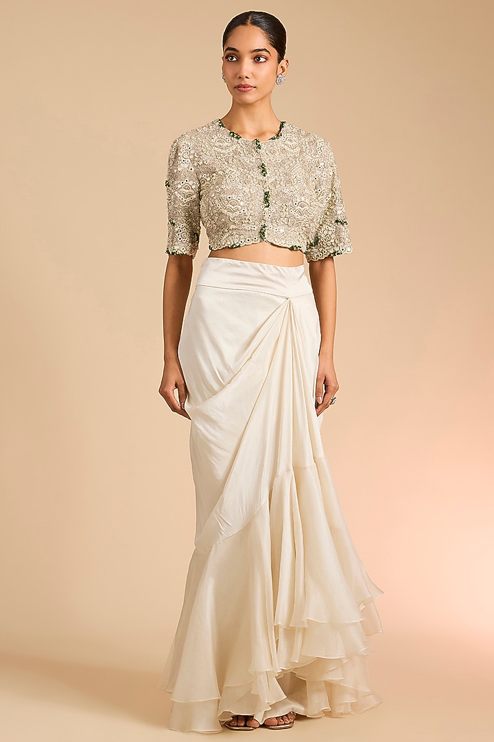 Ivory Silk & Organza Skirt Reception Saree Set by Minaxi Dadoo at Pernia's Pop Up Shop