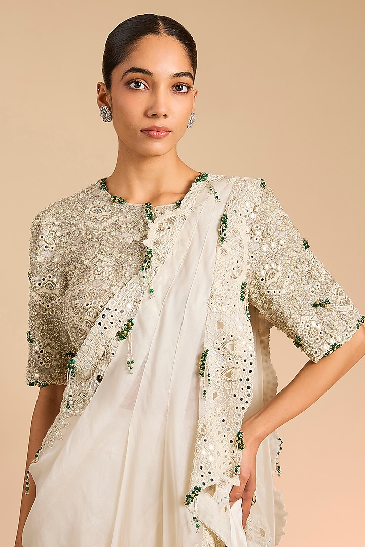Ivory Silk & Organza Skirt Reception Saree Set by Minaxi Dadoo at Pernia's Pop Up Shop