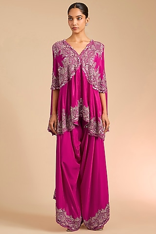 Rani Pink Dupion Mirror Embroidered Ariya Cape Set by Minaxi Dadoo