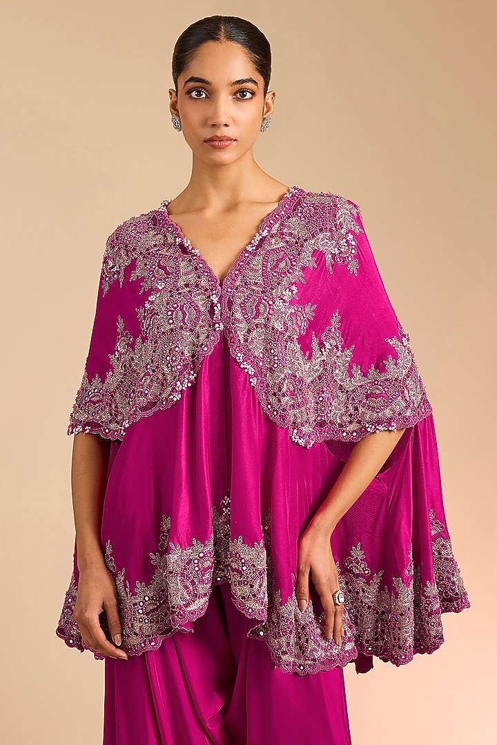Rani Pink Dupion Mirror Embroidered Ariya Cape Set by Minaxi Dadoo at Pernia's Pop Up Shop