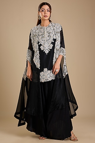 Black Dupion Silk Embroidered Jacket Kurta Set by Minaxi Dadoo