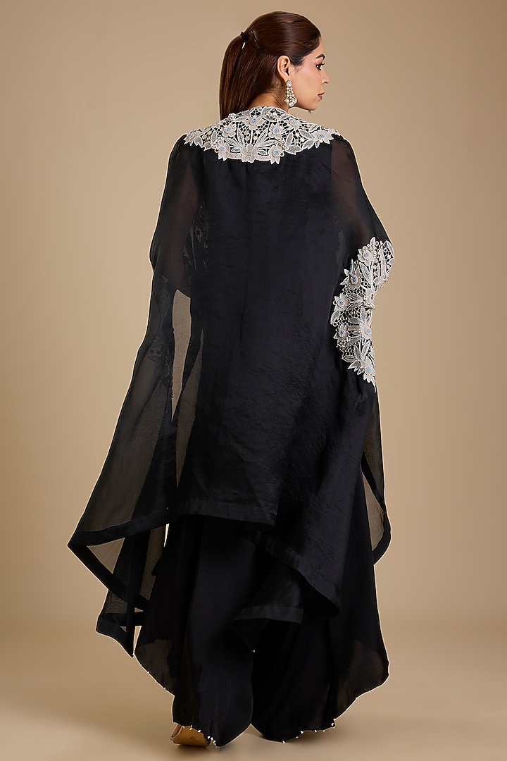 Black Dupion Silk Embroidered Jacket Kurta Set by Minaxi Dadoo at Pernia's Pop Up Shop