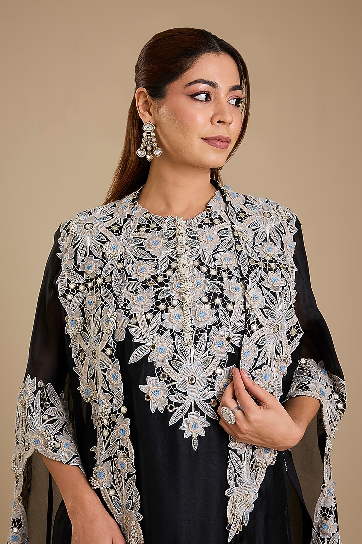 Black Dupion Silk Embroidered Jacket Kurta Set by Minaxi Dadoo at Pernia's Pop Up Shop