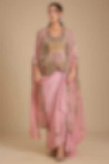 Pink Organza Embroidered Cape Set by Minaxi Dadoo at Pernia's Pop Up Shop