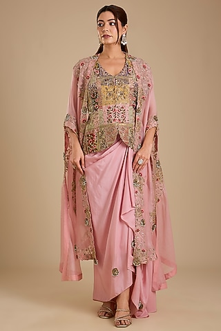 Pink Organza Embroidered Cape Set by Minaxi Dadoo