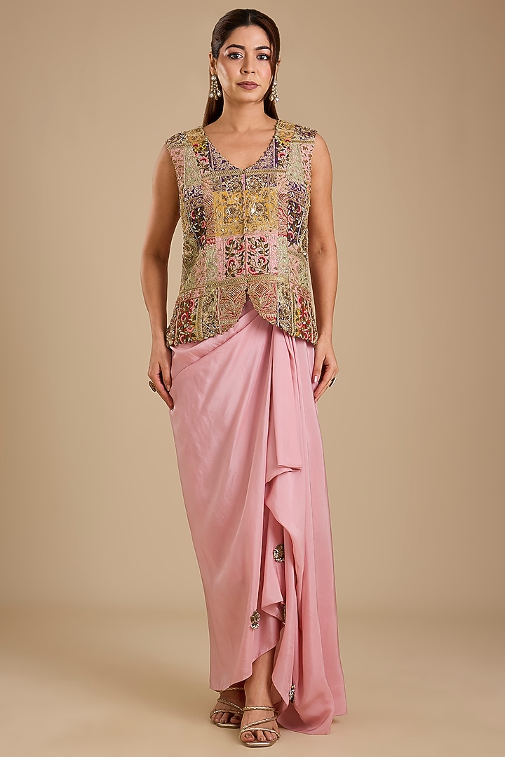 Pink Organza Embroidered Cape Set by Minaxi Dadoo at Pernia's Pop Up Shop