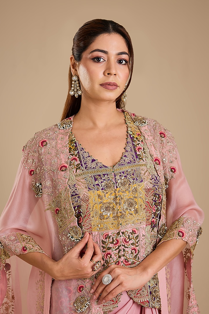 Pink Organza Embroidered Cape Set by Minaxi Dadoo at Pernia's Pop Up Shop