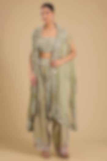 Olive Green Organza Mirror Work Cape Set by Minaxi Dadoo at Pernia's Pop Up Shop