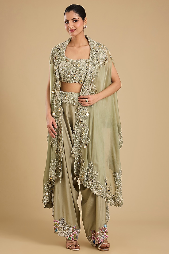 Olive Green Organza Mirror Work Cape Set by Minaxi Dadoo at Pernia's Pop Up Shop