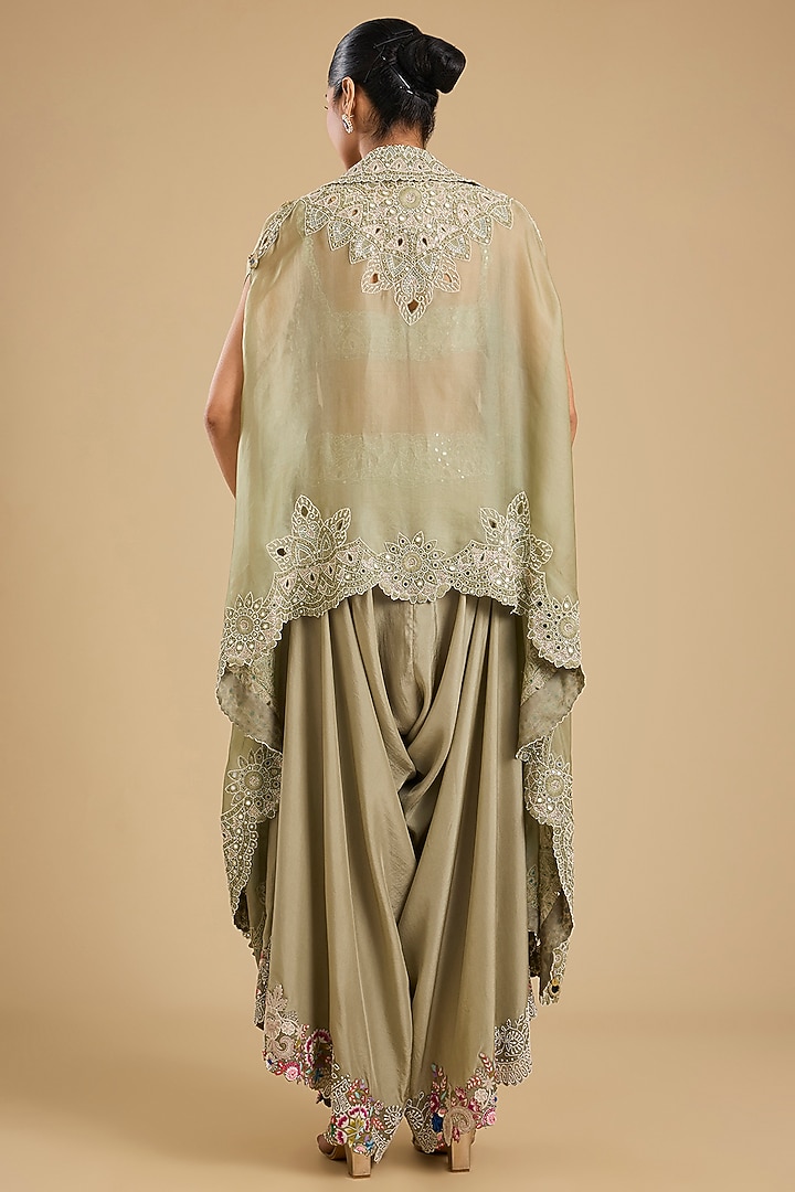 Olive Green Organza Mirror Work Cape Set by Minaxi Dadoo at Pernia's Pop Up Shop