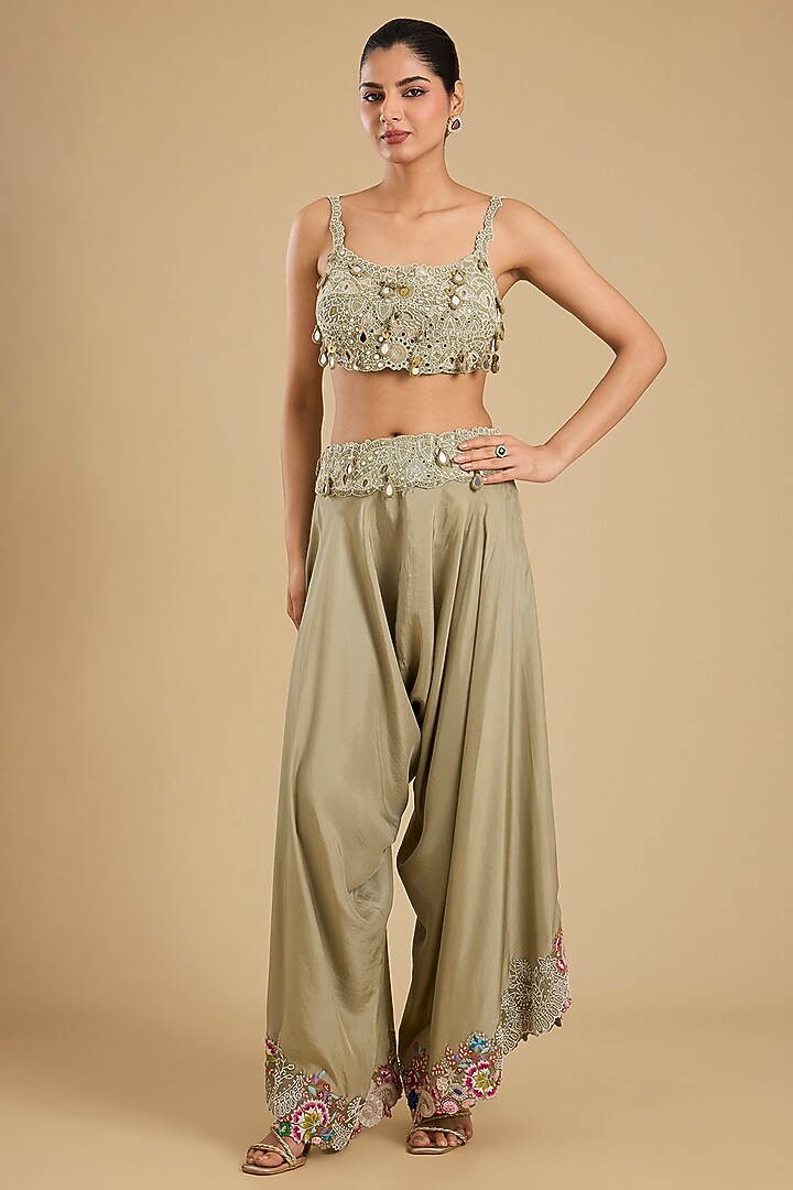 Olive Green Organza Mirror Work Cape Set by Minaxi Dadoo at Pernia's Pop Up Shop