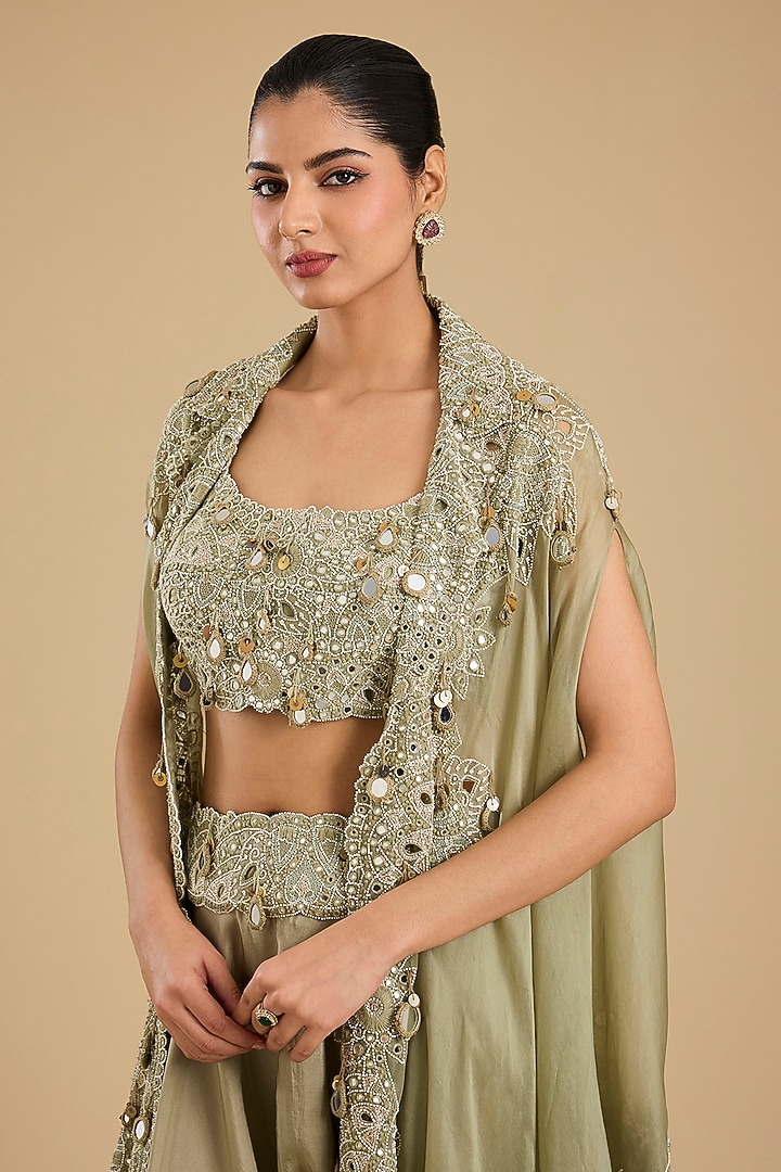 Olive Green Organza Mirror Work Cape Set by Minaxi Dadoo at Pernia's Pop Up Shop