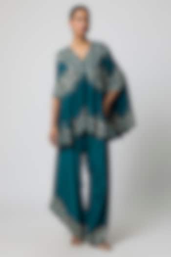 Peacock Blue Dupion Cape Set by Minaxi Dadoo at Pernia's Pop Up Shop