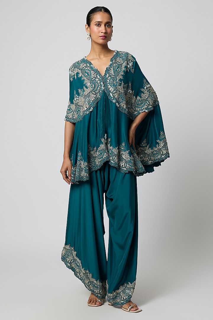 Peacock Blue Dupion Cape Set by Minaxi Dadoo at Pernia's Pop Up Shop