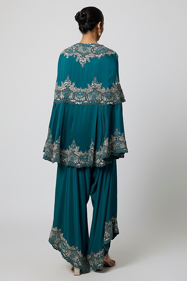 Peacock Blue Dupion Cape Set by Minaxi Dadoo at Pernia's Pop Up Shop