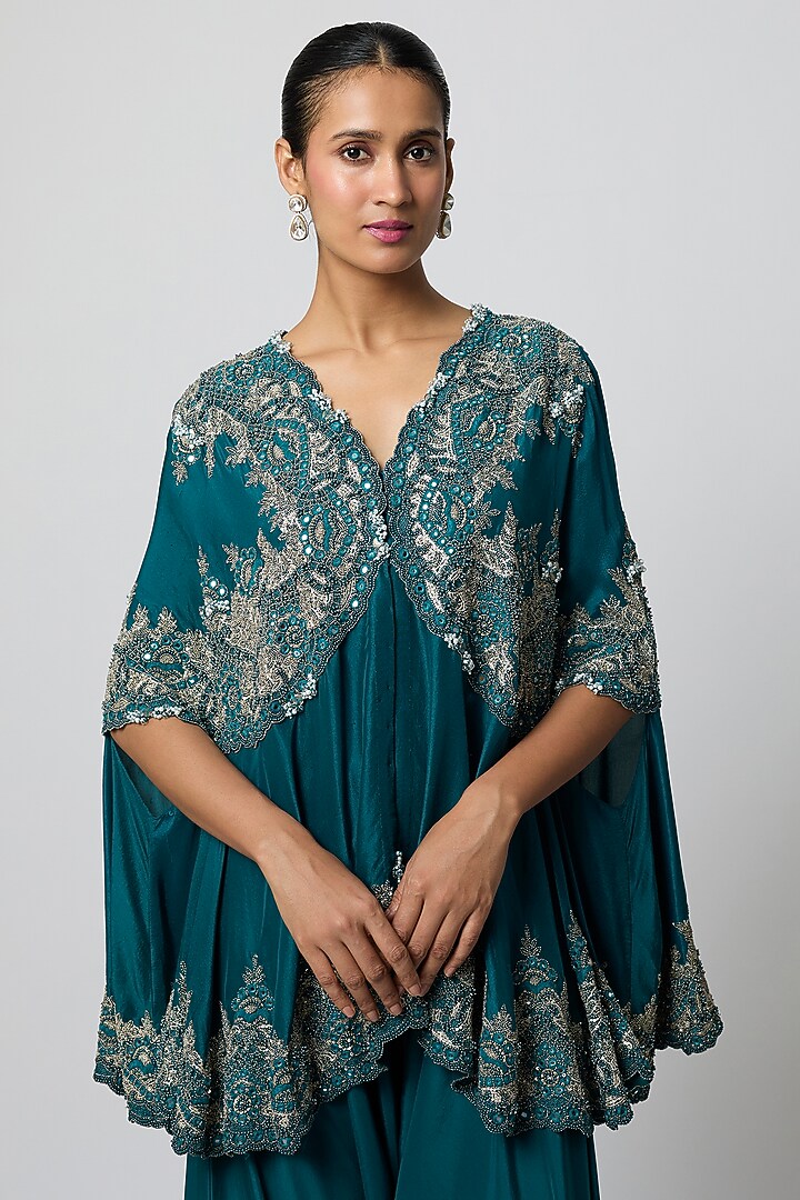 Peacock Blue Dupion Cape Set by Minaxi Dadoo at Pernia's Pop Up Shop
