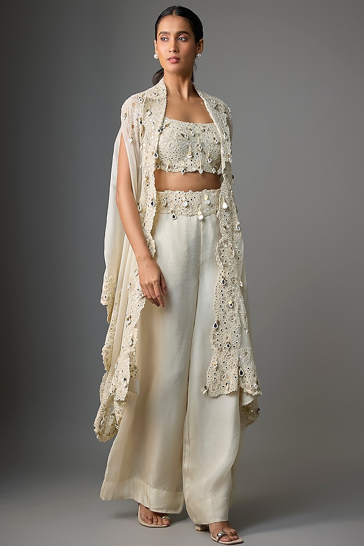 Ivory Organza Mirror Embroidered Cape Set by Minaxi Dadoo at Pernia's Pop Up Shop