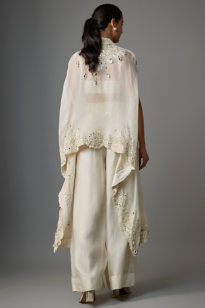 Ivory Organza Mirror Embroidered Cape Set by Minaxi Dadoo at Pernia's Pop Up Shop