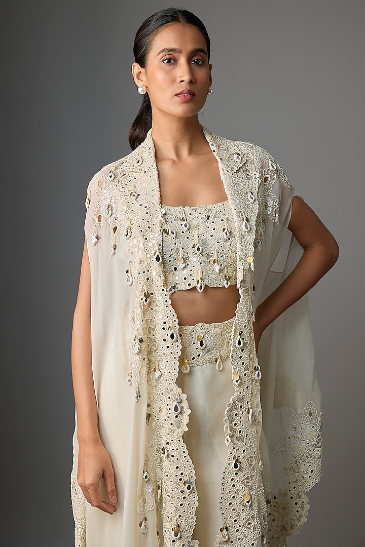 Ivory Organza Mirror Embroidered Cape Set by Minaxi Dadoo at Pernia's Pop Up Shop