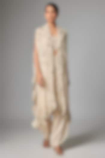 Ivory Organza Mirror Work Butterfly Cape Set by Minaxi Dadoo at Pernia's Pop Up Shop