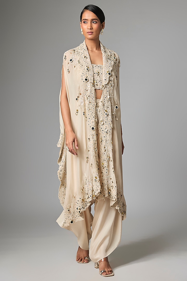 Ivory Organza Mirror Work Butterfly Cape Set by Minaxi Dadoo at Pernia's Pop Up Shop