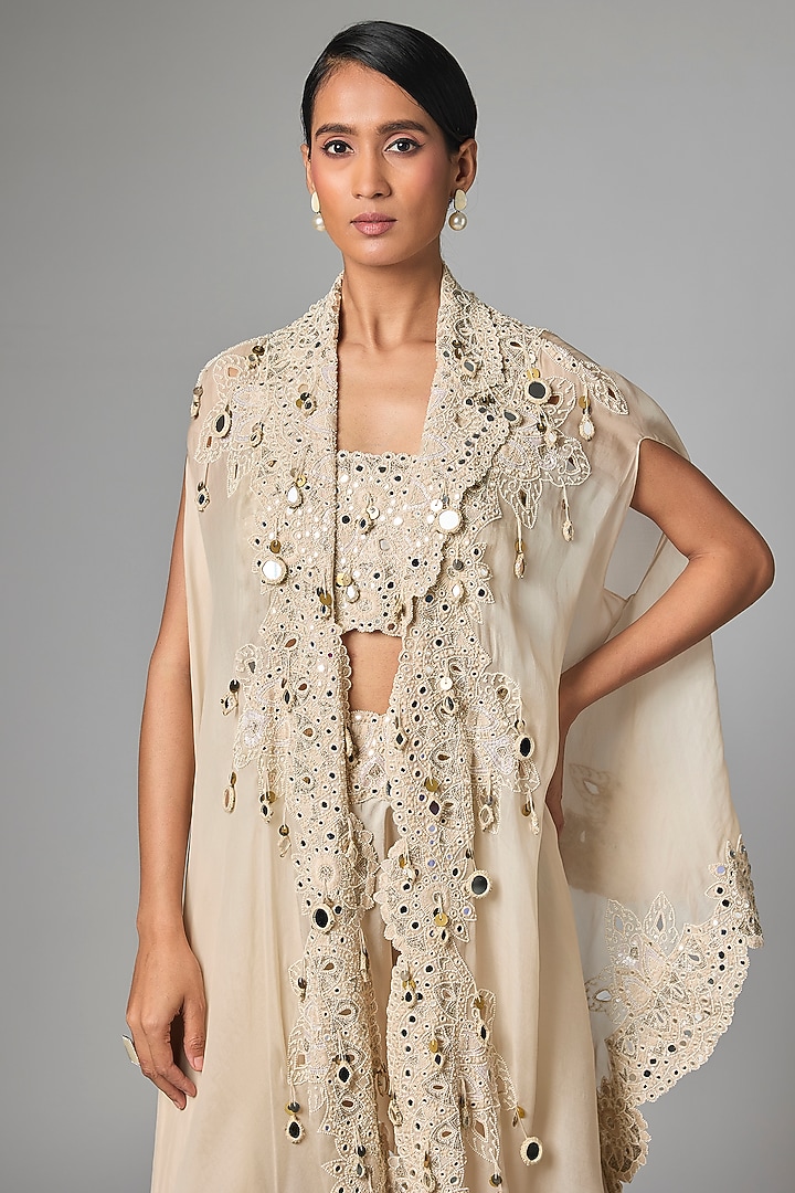 Ivory Organza Mirror Work Butterfly Cape Set by Minaxi Dadoo at Pernia's Pop Up Shop