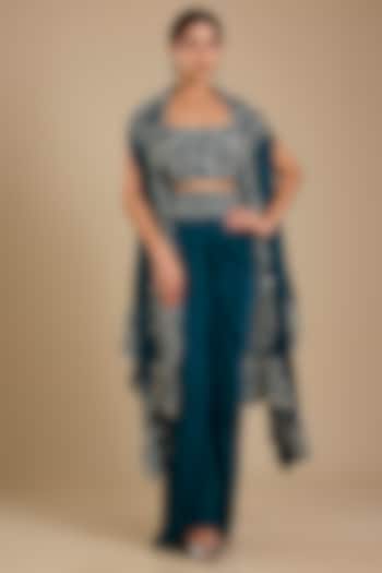 Peacock Blue Organza Mirror Work Cape Set by Minaxi Dadoo at Pernia's Pop Up Shop