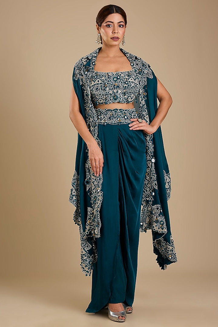 Peacock Blue Organza Mirror Work Cape Set by Minaxi Dadoo at Pernia's Pop Up Shop