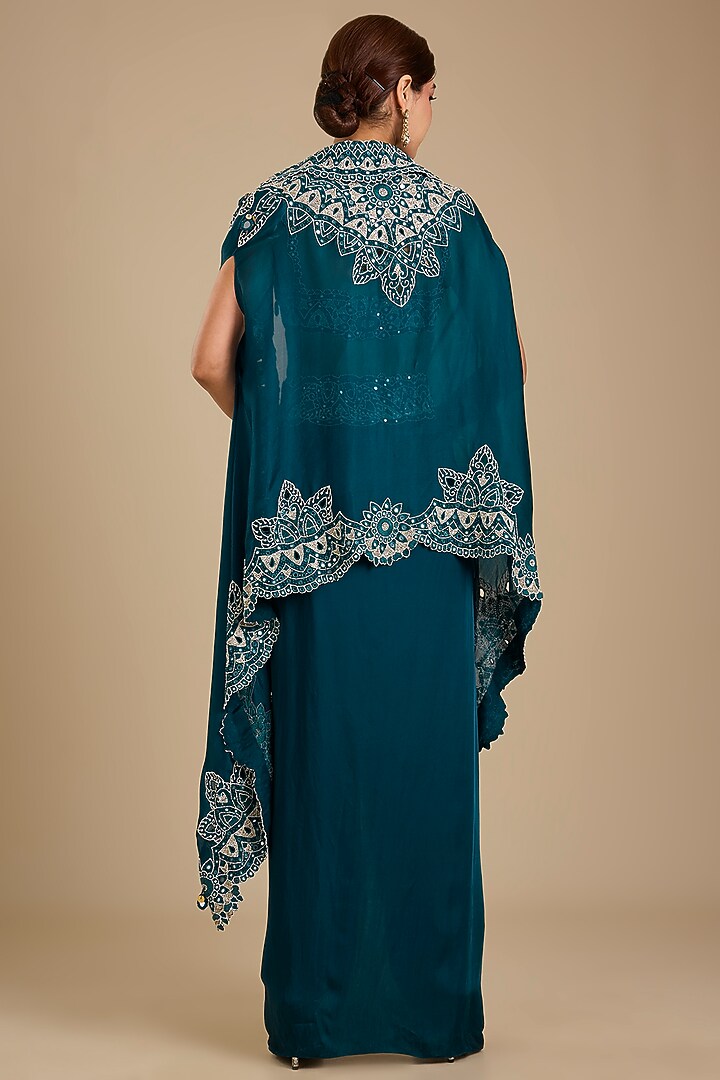 Peacock Blue Organza Mirror Work Cape Set by Minaxi Dadoo at Pernia's Pop Up Shop