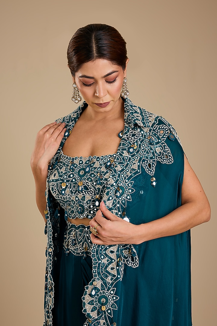 Peacock Blue Organza Mirror Work Cape Set by Minaxi Dadoo at Pernia's Pop Up Shop