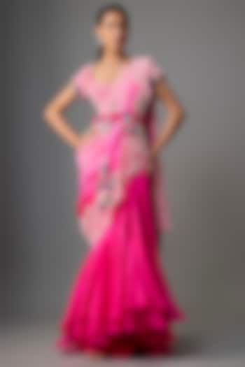 Rani Pink Silk & Organza Draped Skirt Reception Saree Set by Minaxi Dadoo at Pernia's Pop Up Shop