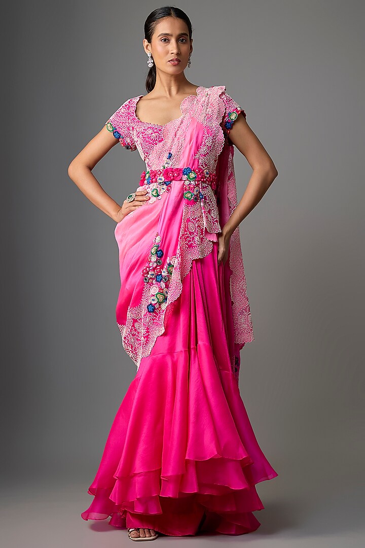Rani Pink Silk & Organza Draped Skirt Reception Saree Set by Minaxi Dadoo at Pernia's Pop Up Shop