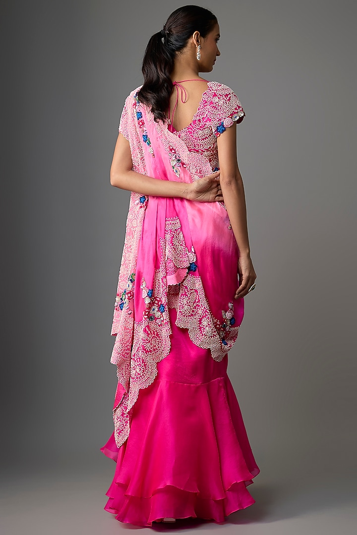 Rani Pink Silk & Organza Draped Skirt Reception Saree Set by Minaxi Dadoo at Pernia's Pop Up Shop