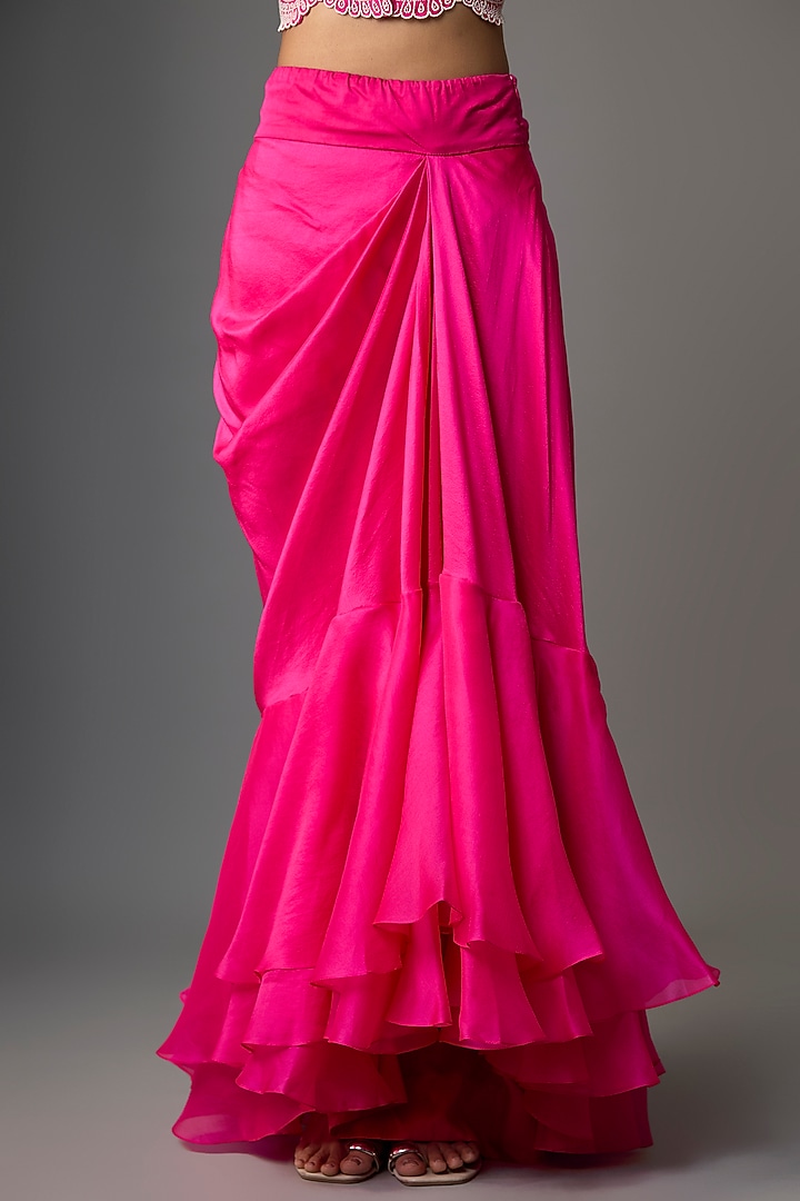 Rani Pink Silk & Organza Draped Skirt Reception Saree Set by Minaxi Dadoo at Pernia's Pop Up Shop