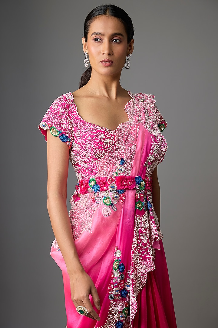 Rani Pink Silk & Organza Draped Skirt Reception Saree Set by Minaxi Dadoo at Pernia's Pop Up Shop