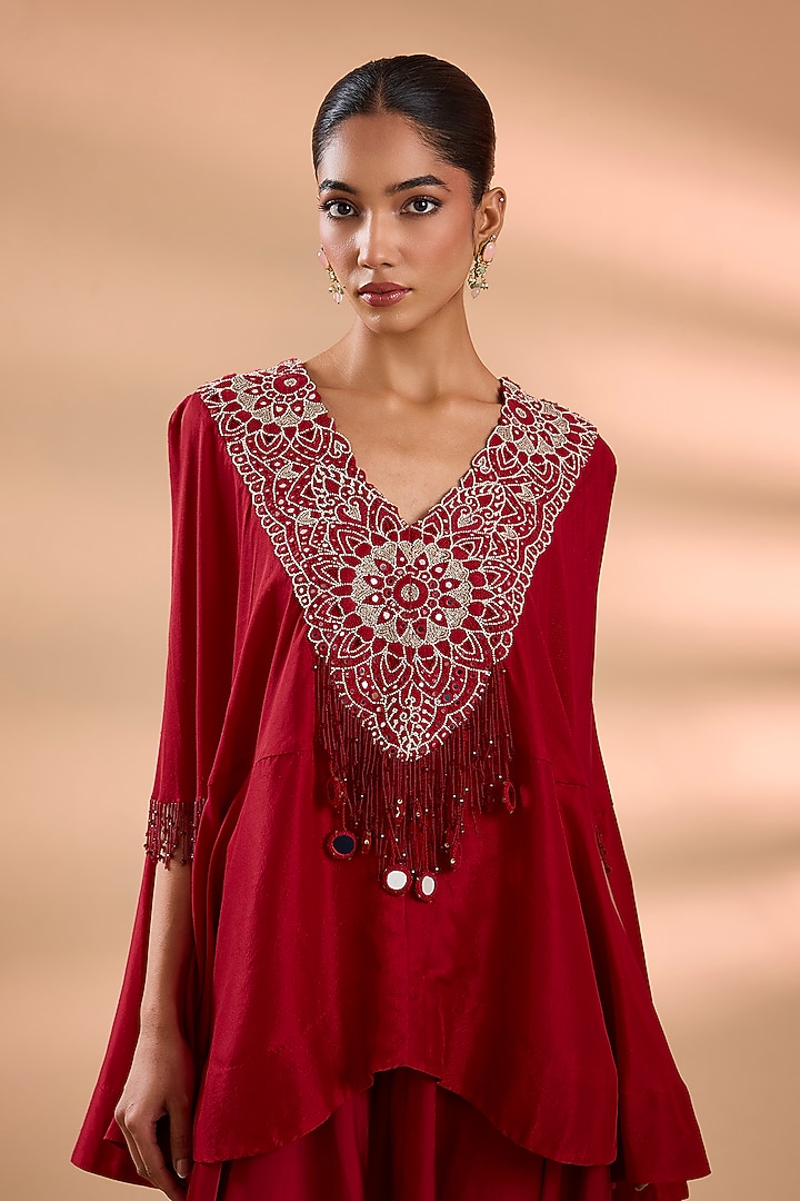 Red Dupion Mirror Work Cape Set by Minaxi Dadoo at Pernia's Pop Up Shop