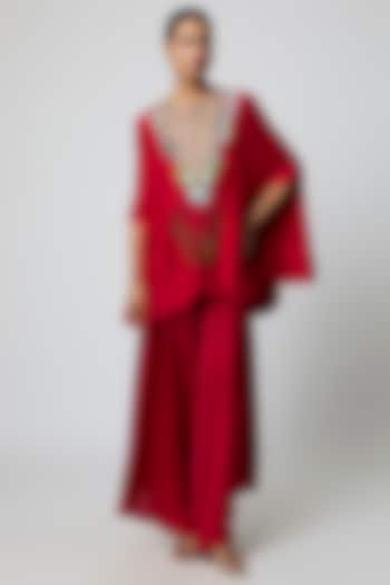 Red Dupion Kasab Work Cape Set by Minaxi Dadoo at Pernia's Pop Up Shop