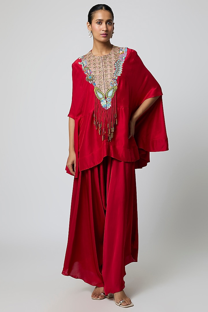 Red Dupion Kasab Work Cape Set by Minaxi Dadoo at Pernia's Pop Up Shop