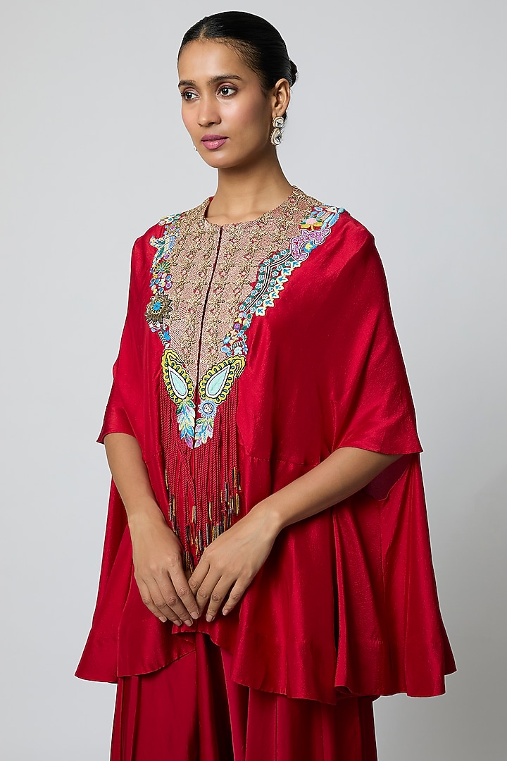 Red Dupion Kasab Work Cape Set by Minaxi Dadoo at Pernia's Pop Up Shop