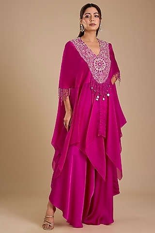 Rani Pink Dupion Silk Mirror Work Cape Set by Minaxi Dadoo
